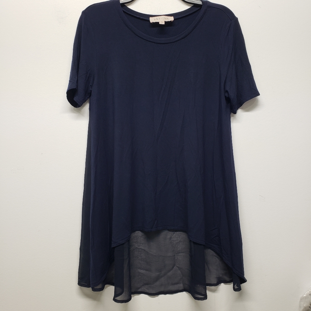 Philosophy Tunic Top Short Sleeve Hi-Low Hemline Womens Small Navy Modal Blend